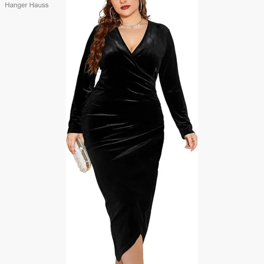 Plus Size Long Sleeve Velvet Bodycon Dress Ruched Wrap Deep V Neck Party